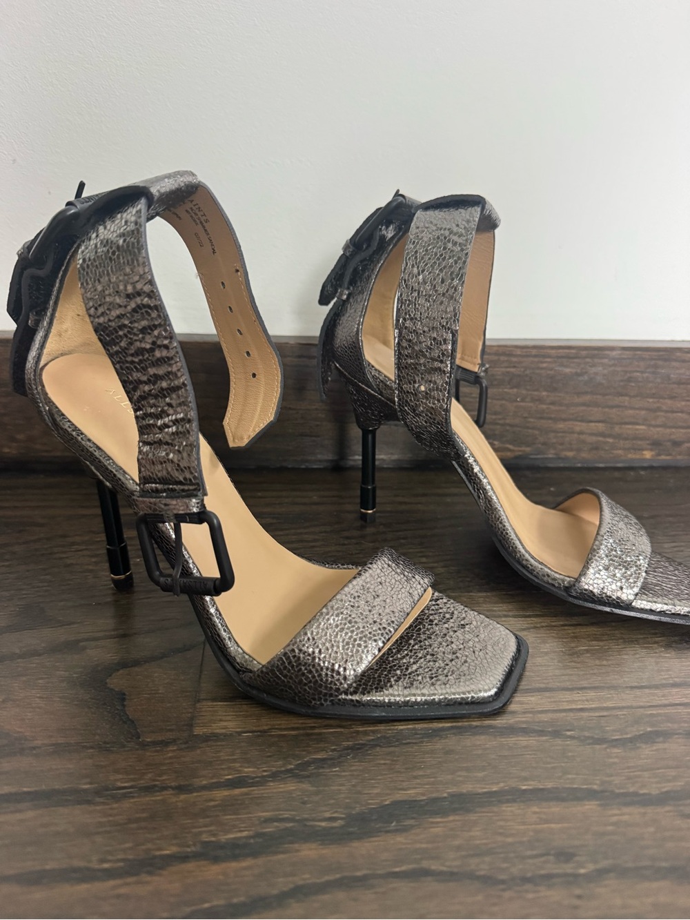 AllSaints Metallic Pewter Ankle-Strap Stiletto Sandals